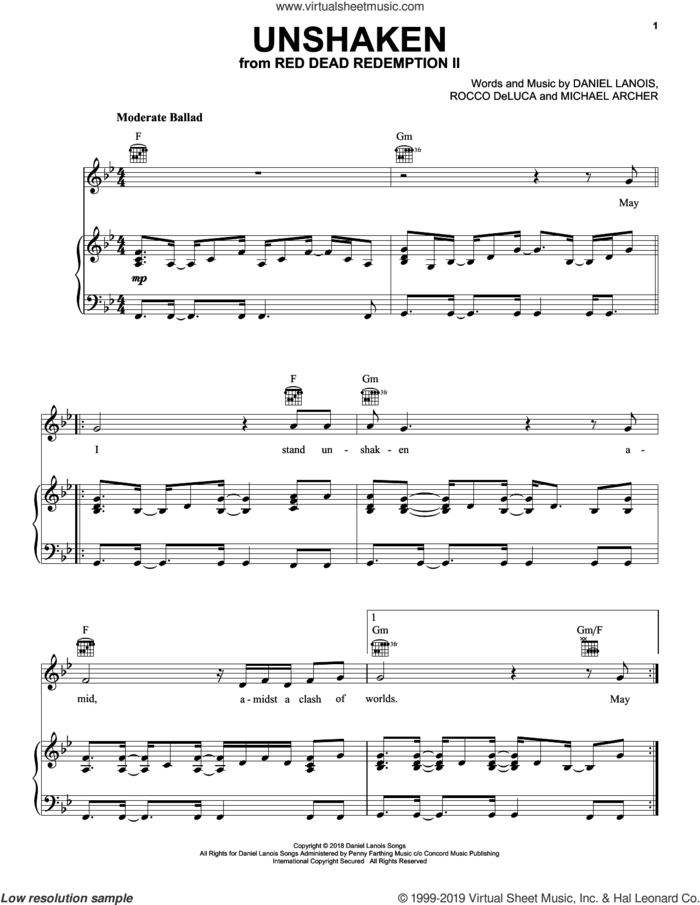 Unshaken (from Red Dead Redemption 2) sheet music for voice, piano or guitar by Michael Archer, Daniel Lanois and Rocco DeLuca, intermediate skill level