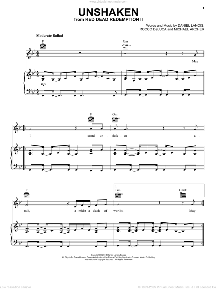 Unshaken (from Red Dead Redemption 2) sheet music for voice, piano or guitar by Michael Archer, Daniel Lanois and Rocco DeLuca, intermediate skill level