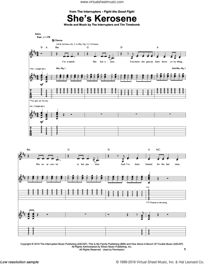She's Kerosene sheet music for guitar (tablature) by The Interrupters, Aimee Allen, Kevin Bivona, Tim Armstrong and Tim Timebomb, intermediate skill level