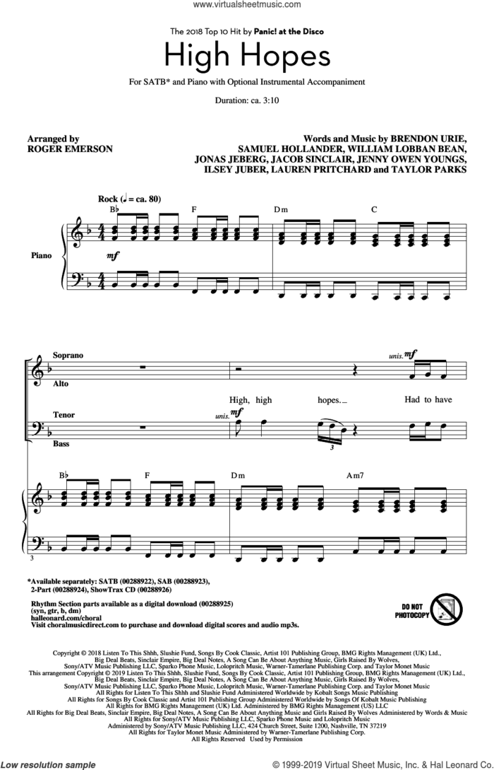 High Hopes (arr. Roger Emerson) sheet music for choir (SATB: soprano, alto, tenor, bass) by Panic! At The Disco, Roger Emerson, Brendon Urie, Ilsey Juber, Jacob Sinclair, Jenny Owen Youngs, Jonas Jeberg, Lauren Pritchard, Sam Hollander, Taylor Parks and William Lobban Bean, intermediate skill level