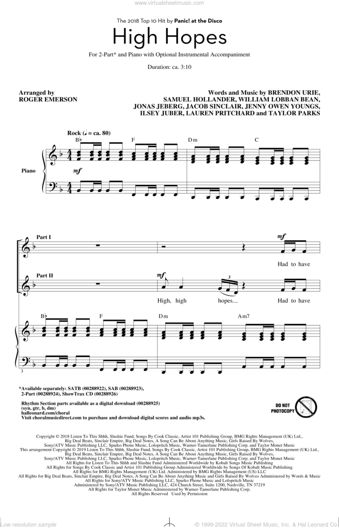 High Hopes (arr. Roger Emerson) sheet music for choir (2-Part) by Panic! At The Disco, Roger Emerson, Brendon Urie, Ilsey Juber, Jacob Sinclair, Jenny Owen Youngs, Jonas Jeberg, Lauren Pritchard, Sam Hollander, Taylor Parks and William Lobban Bean, intermediate duet