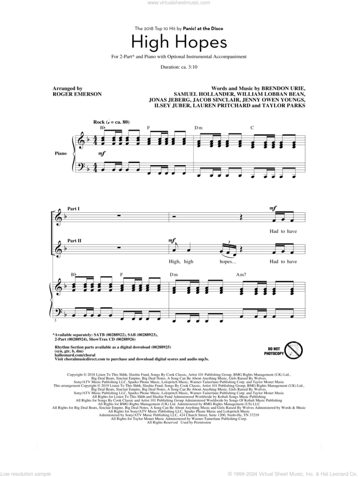 High Hopes (arr. Roger Emerson) sheet music for choir (2-Part) by Panic! At The Disco, Roger Emerson, Brendon Urie, Ilsey Juber, Jacob Sinclair, Jenny Owen Youngs, Jonas Jeberg, Lauren Pritchard, Sam Hollander, Taylor Parks and William Lobban Bean, intermediate duet