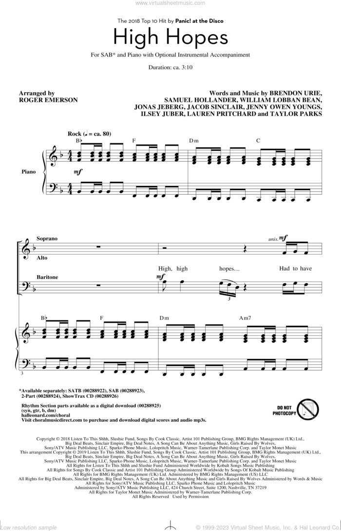 High Hopes (arr. Roger Emerson) sheet music for choir (SAB: soprano, alto, bass) by Panic! At The Disco, Roger Emerson, Brendon Urie, Ilsey Juber, Jacob Sinclair, Jenny Owen Youngs, Jonas Jeberg, Lauren Pritchard, Sam Hollander, Taylor Parks and William Lobban Bean, intermediate skill level