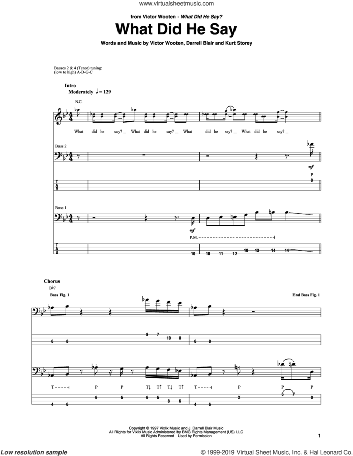 What Did He Say sheet music for bass (tablature) (bass guitar) by Victor Wooten, Darrell Blair and Kurt Storey, intermediate skill level