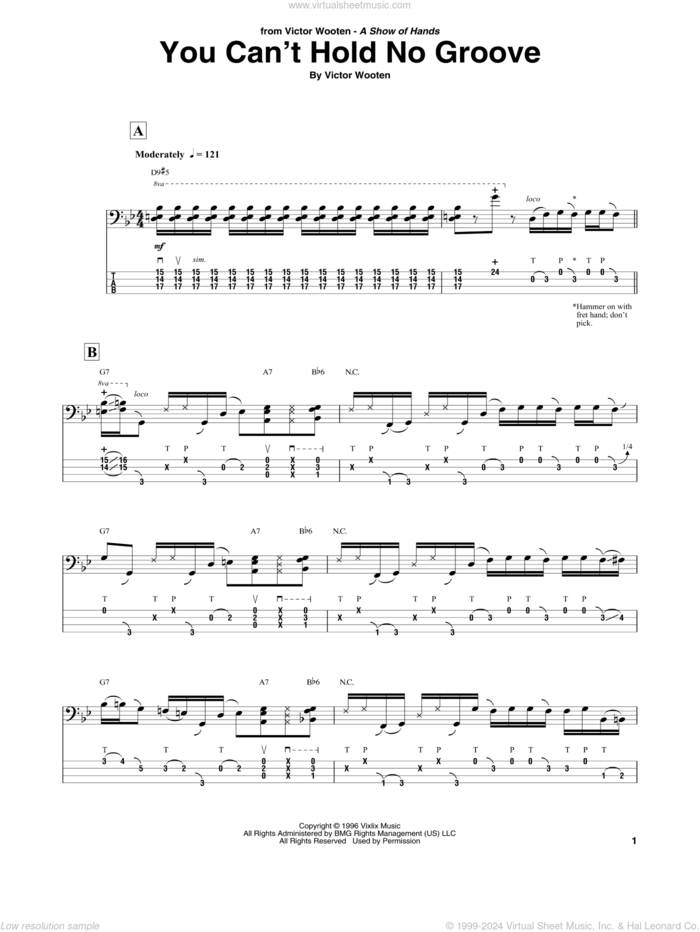 You Can't Hold No Groove sheet music for bass (tablature) (bass guitar) by Victor Wooten, intermediate skill level