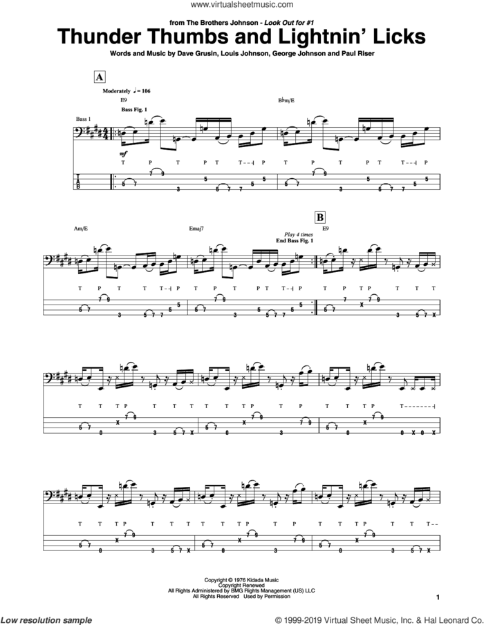 Thunder Thumbs And Lightnin' Licks sheet music for bass (tablature) (bass guitar) by The Brothers Johnson, Dave Grusin, George Johnson, Louis Johnson and Paul Riser, intermediate skill level