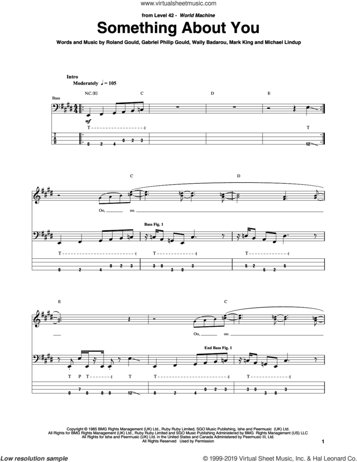Something About You sheet music for bass (tablature) (bass guitar) by Level 42, Gabriel Philip Gould, Mark King, Michael Lindup, Roland Gould and Wally Badarou, intermediate skill level