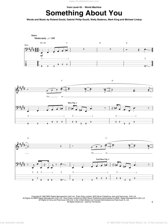 Something About You sheet music for bass (tablature) (bass guitar) by Level 42, Gabriel Philip Gould, Mark King, Michael Lindup, Roland Gould and Wally Badarou, intermediate skill level