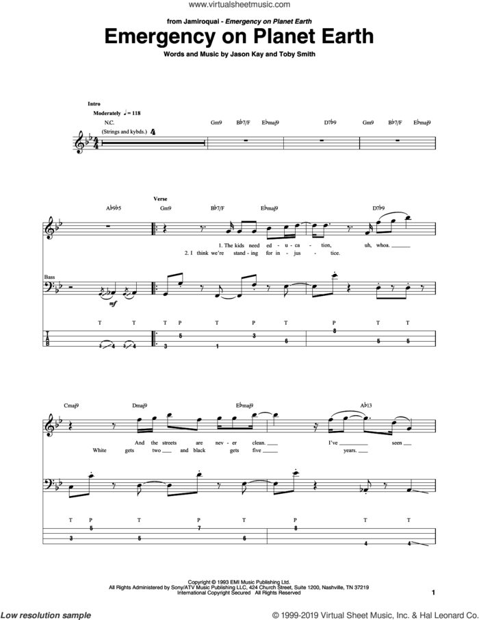 Emergency On Planet Earth sheet music for bass (tablature) (bass guitar) by Jamiroquai, Jason Kay and Toby Smith, intermediate skill level