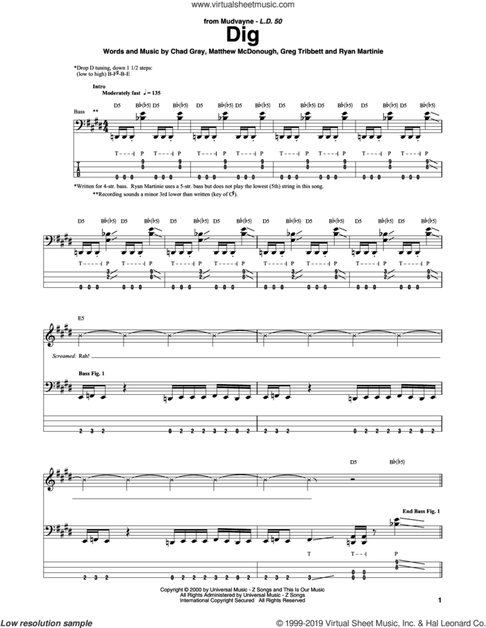 Dig sheet music for bass (tablature) (bass guitar) by Mudvayne, Chad Gray, Greg Tribbett, Matthew McDonough and Ryan Martinie, intermediate skill level