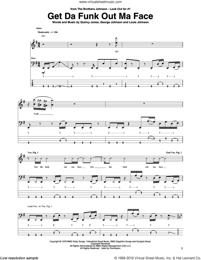 Get Da Funk Out Ma Face sheet music for bass (tablature) (bass guitar) by The Brothers Johnson, George Johnson, Louis Johnson and Quincy Jones, intermediate skill level