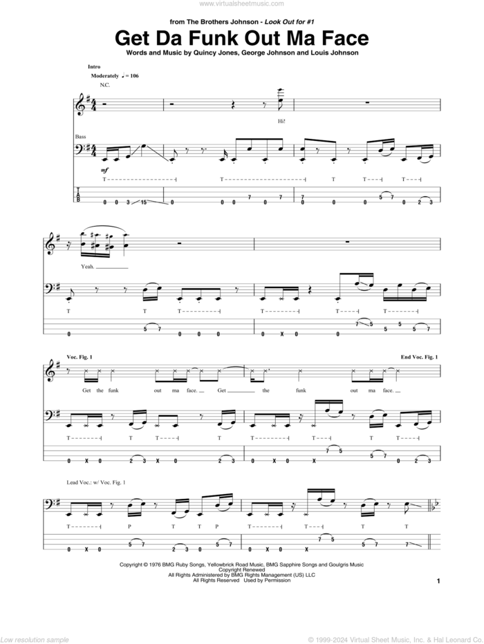 Get Da Funk Out Ma Face sheet music for bass (tablature) (bass guitar) by The Brothers Johnson, George Johnson, Louis Johnson and Quincy Jones, intermediate skill level