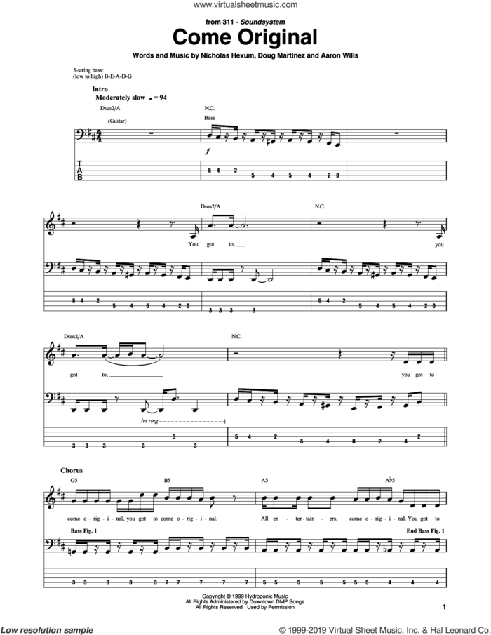 Come Original sheet music for bass (tablature) (bass guitar) by 311, Aaron Wills, Doug Martinez and Nicholas Hexum, intermediate skill level