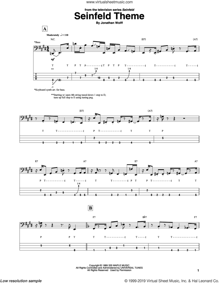 Seinfeld Theme sheet music for bass (tablature) (bass guitar) by Jonathan Wolff, intermediate skill level