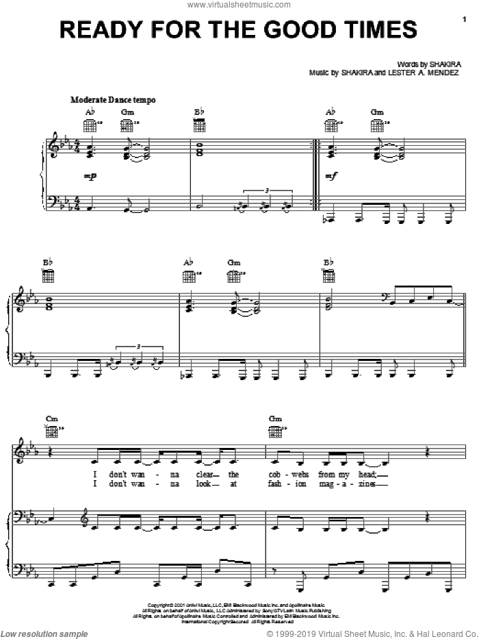 Ready For The Good Times sheet music for voice, piano or guitar by Shakira and Lester Mendez, intermediate skill level