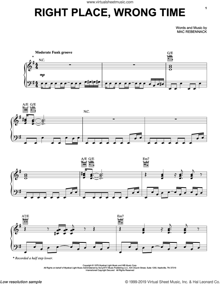 Right Place, Wrong Time sheet music for voice, piano or guitar by Dr. John and Mac Rebennack, intermediate skill level
