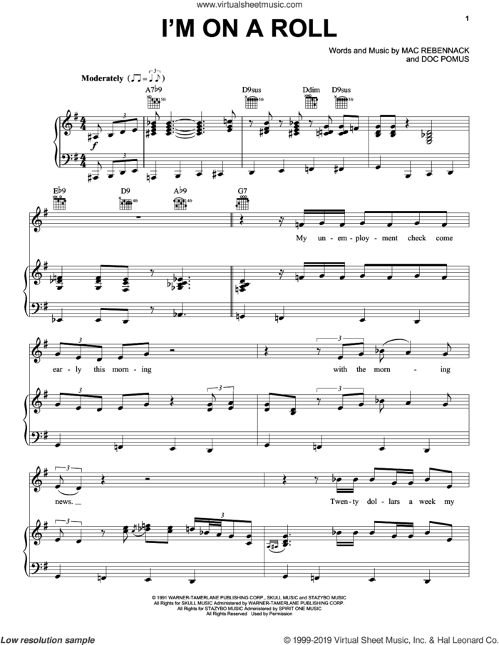 I'm On A Roll sheet music for voice, piano or guitar by Dr. John, Doc Pomus and Mac Rebennack, intermediate skill level