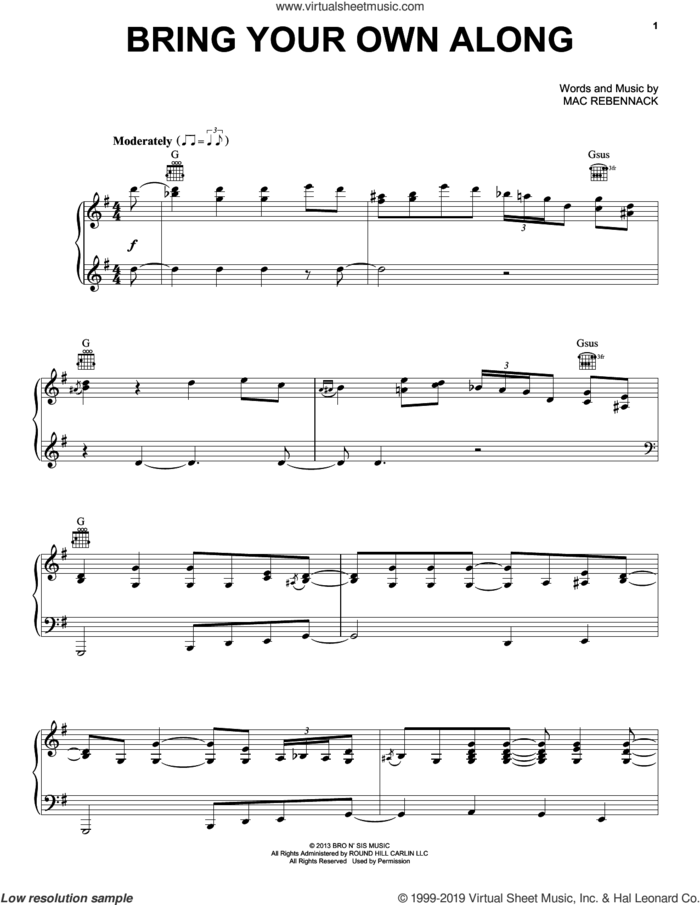 Bring Your Own Along sheet music for voice, piano or guitar by Dr. John and Mac Rebennack, intermediate skill level