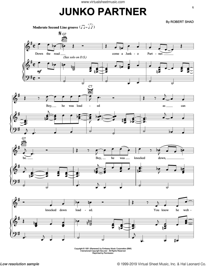 Junko Partner sheet music for voice, piano or guitar by Dr. John and Robert Shad, intermediate skill level