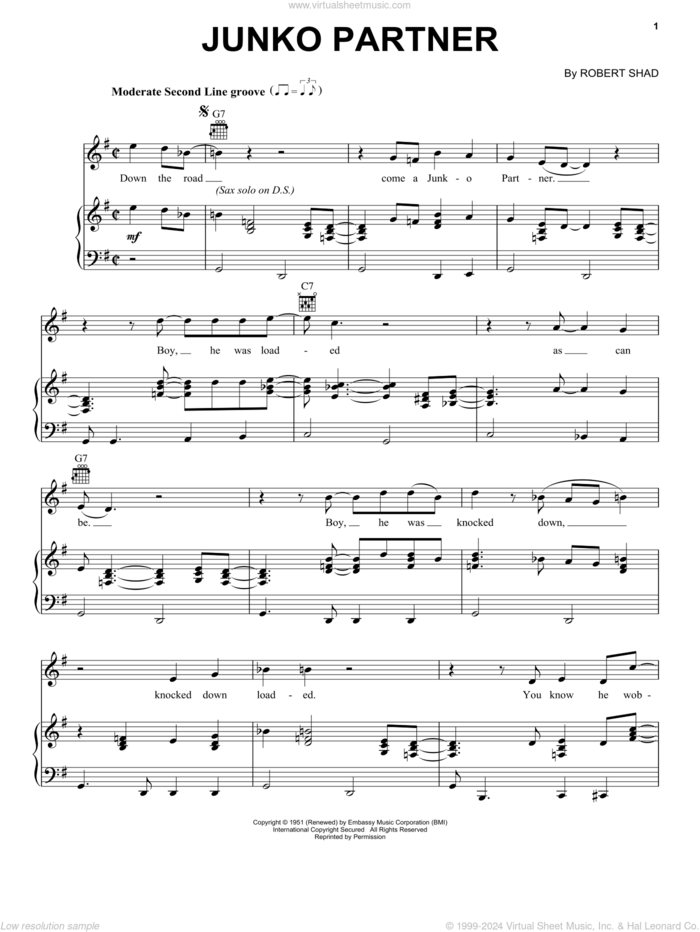 Junko Partner sheet music for voice, piano or guitar by Dr. John and Robert Shad, intermediate skill level