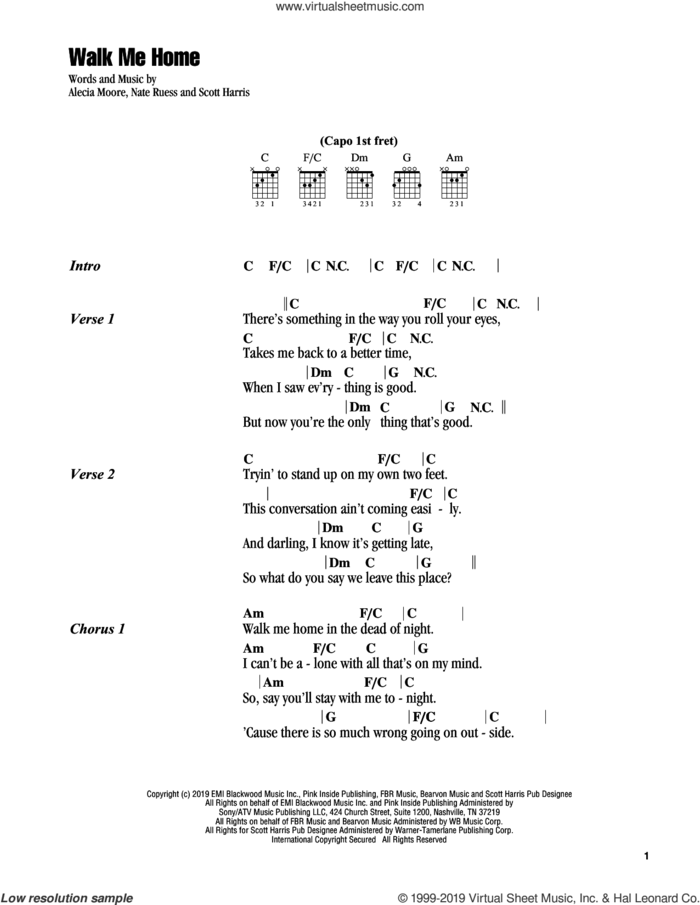 Walk Me Home sheet music for guitar (chords) by Alecia Moore, Miscellaneous, Nate Ruess and Scott Harris, intermediate skill level