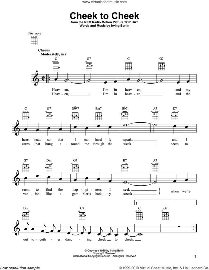 Cheek To Cheek sheet music for ukulele by Irving Berlin and Fred Astaire, intermediate skill level
