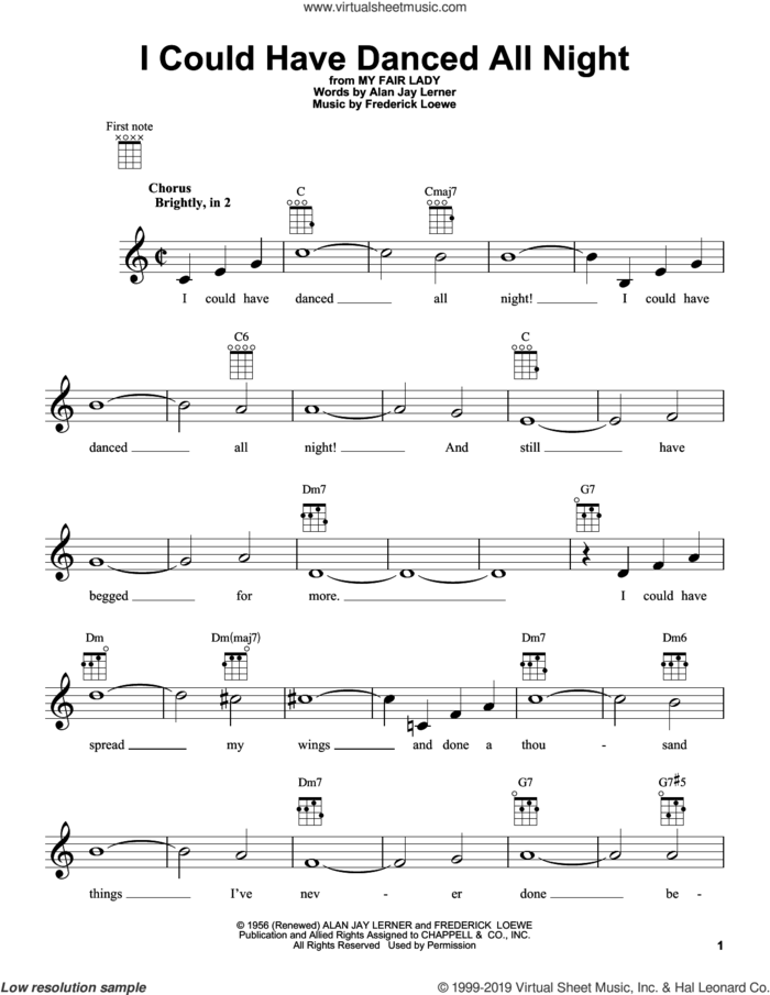 I Could Have Danced All Night sheet music for ukulele by Frederick Loewe and Alan Jay Lerner, intermediate skill level