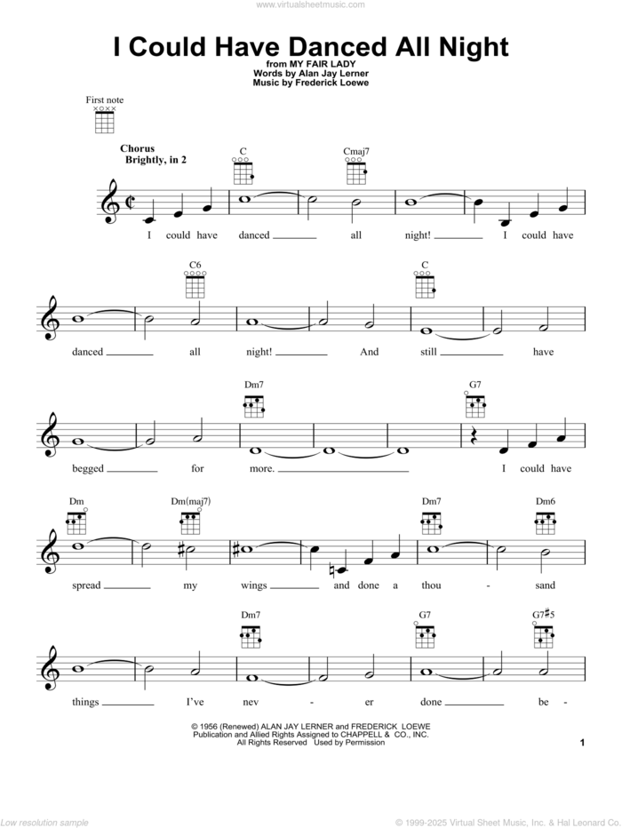 I Could Have Danced All Night sheet music for ukulele by Frederick Loewe and Alan Jay Lerner, intermediate skill level