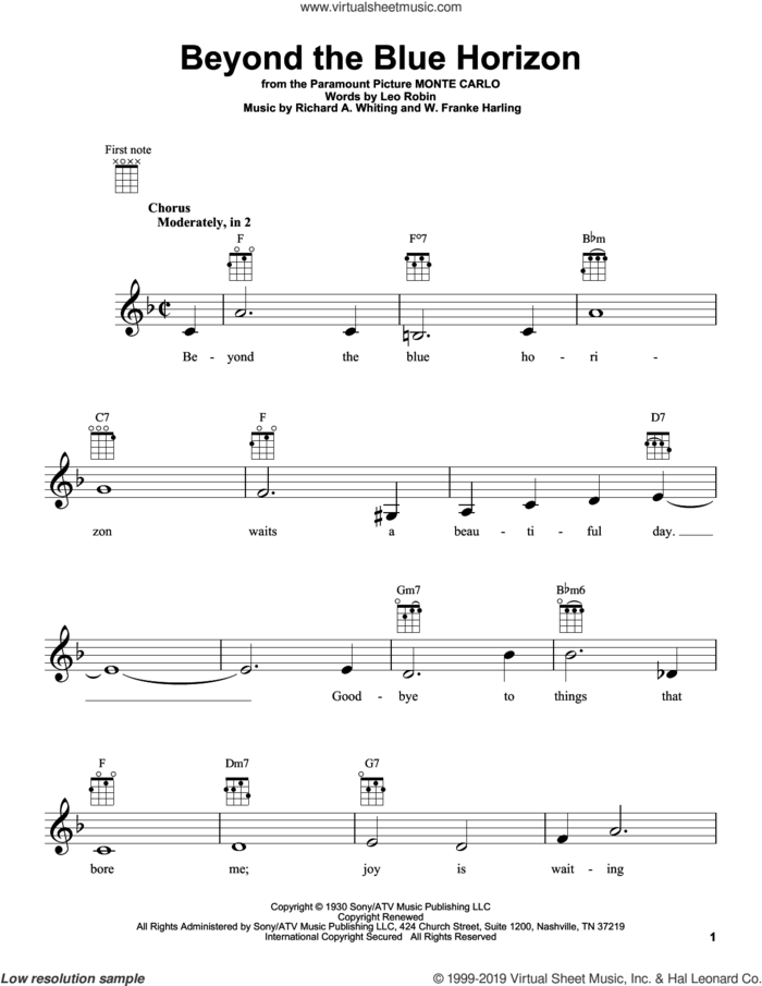 Beyond The Blue Horizon sheet music for ukulele by Lou Christie, Leo Robin, Richard A. Whiting and W. Franke Harling, intermediate skill level