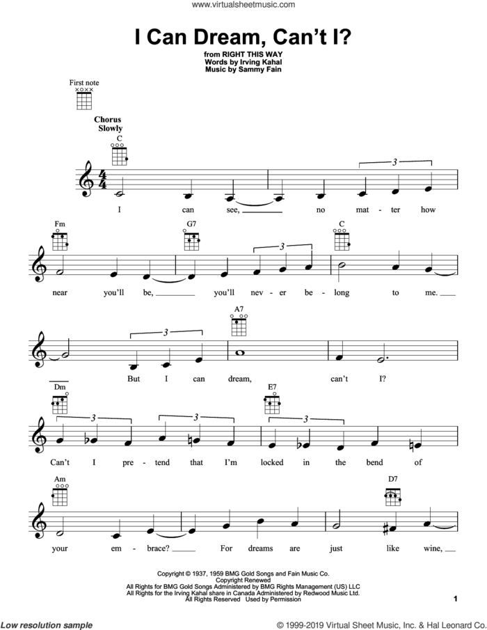I Can Dream, Can't I? (from Right This Way) sheet music for ukulele by The Andrews Sisters, Irving Kahal and Sammy Fain, intermediate skill level