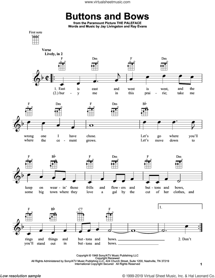 Buttons And Bows sheet music for ukulele by Jay Livingston and Ray Evans, intermediate skill level