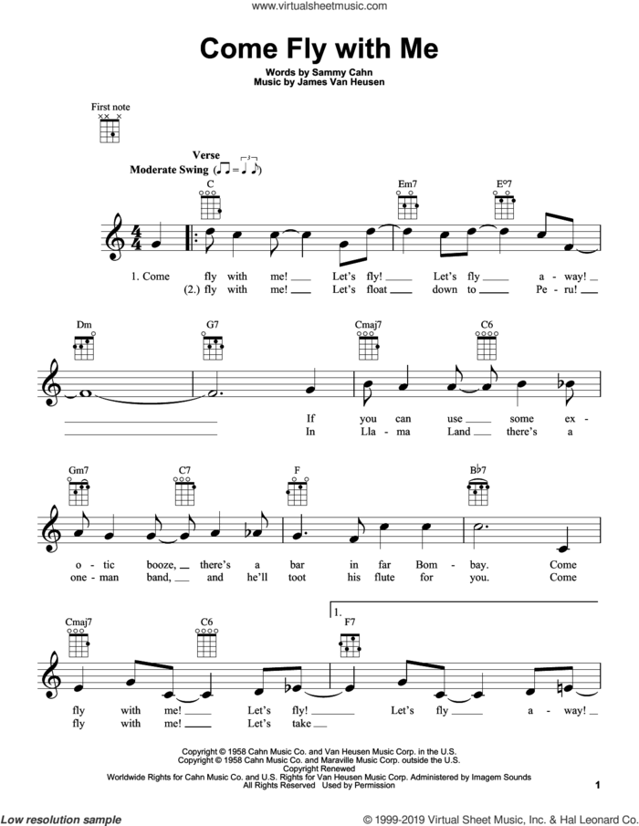 Come Fly With Me sheet music for ukulele by Sammy Cahn and Jimmy van Heusen, intermediate skill level