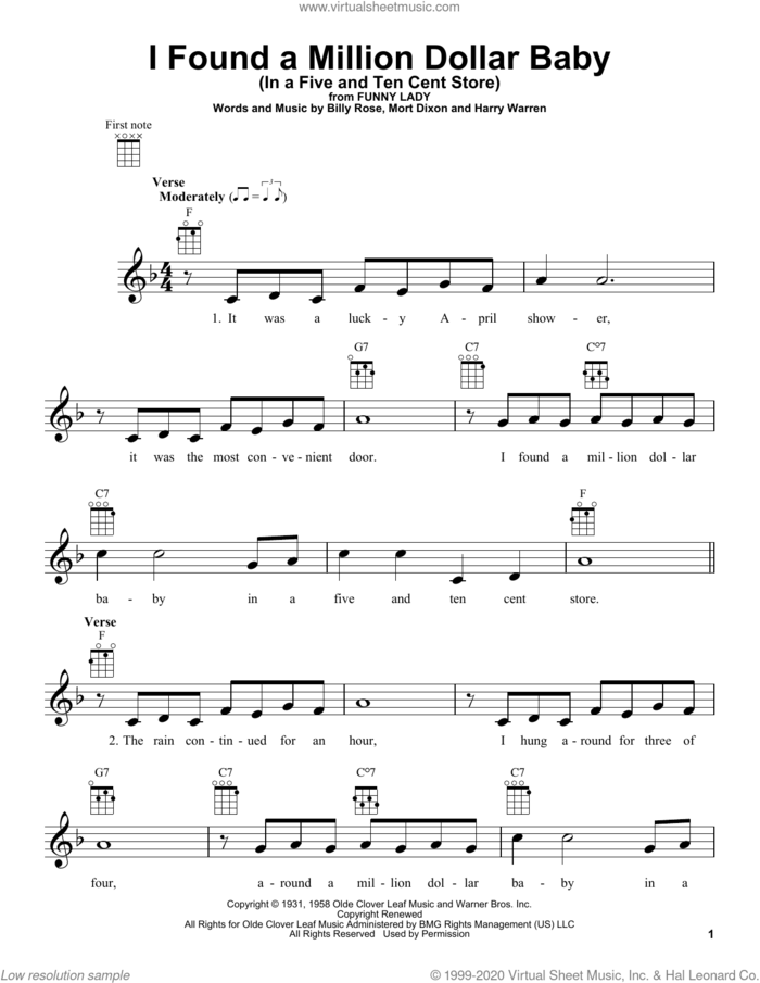 I Found A Million Dollar Baby (In A Five And Ten Cent Store) sheet music for ukulele by Mort Dixon, Billy Rose and Harry Warren, intermediate skill level