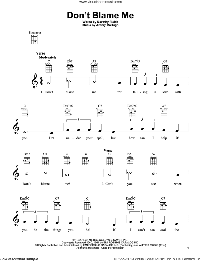 Don't Blame Me sheet music for ukulele by Jimmy McHugh and Dorothy Fields, intermediate skill level