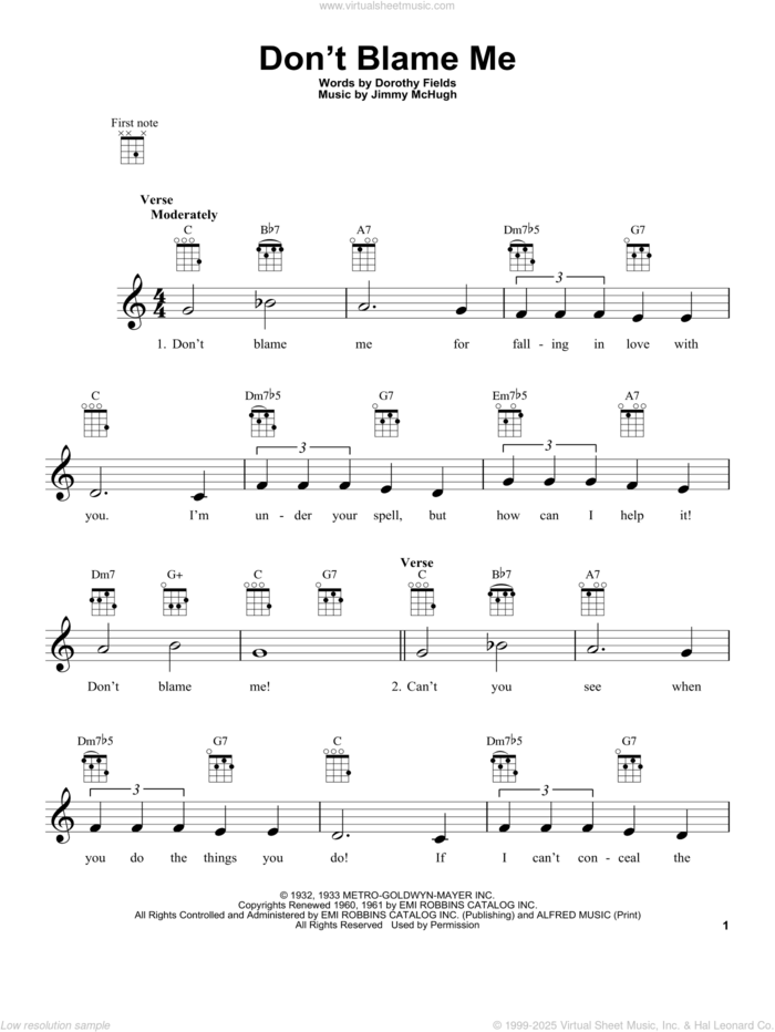 Don't Blame Me (from The Daily Ukulele) sheet music for ukulele by Jimmy McHugh and Dorothy Fields, intermediate skill level