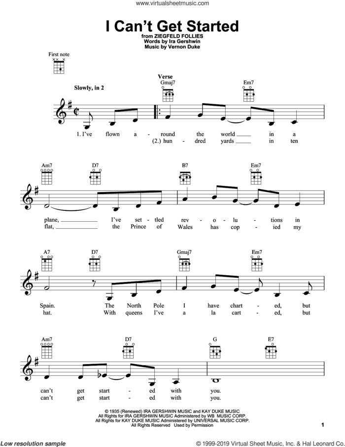 I Can't Get Started sheet music for ukulele by Vernon Duke and Ira Gershwin, intermediate skill level