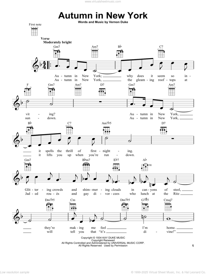 Autumn In New York sheet music for ukulele by Bud Powell, Jo Stafford and Vernon Duke, intermediate skill level