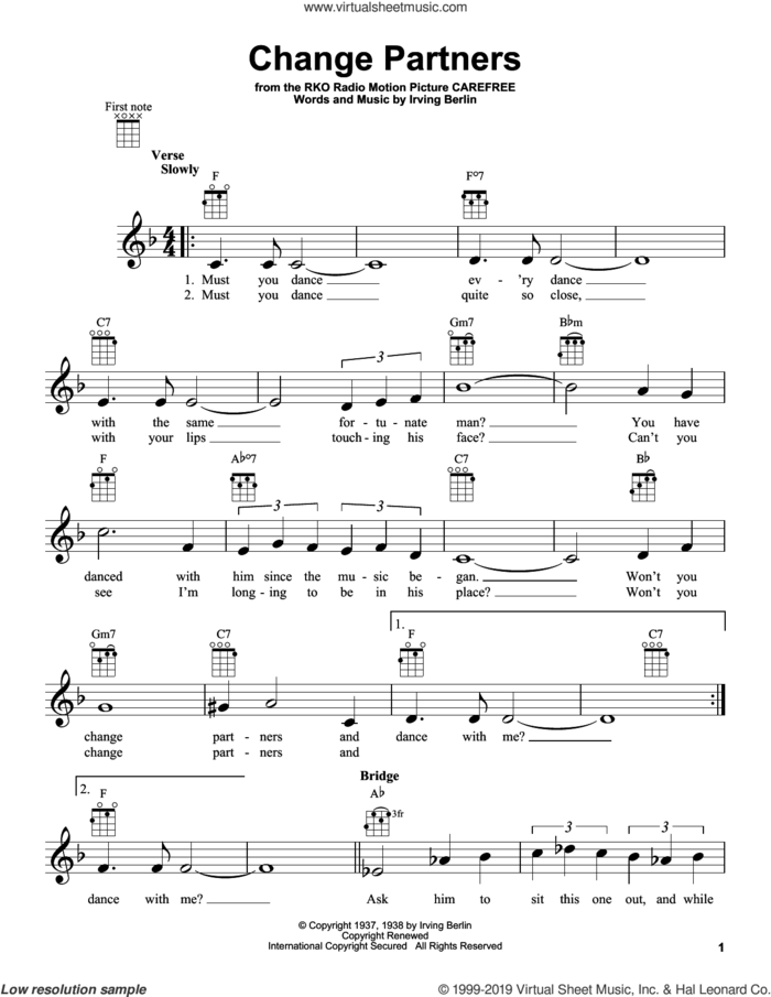 Change Partners sheet music for ukulele by Irving Berlin, Ella Fitzgerald, Fred Astaire & Ginger Rogers, Jimmy Dorsey and Lawrence Welk, intermediate skill level