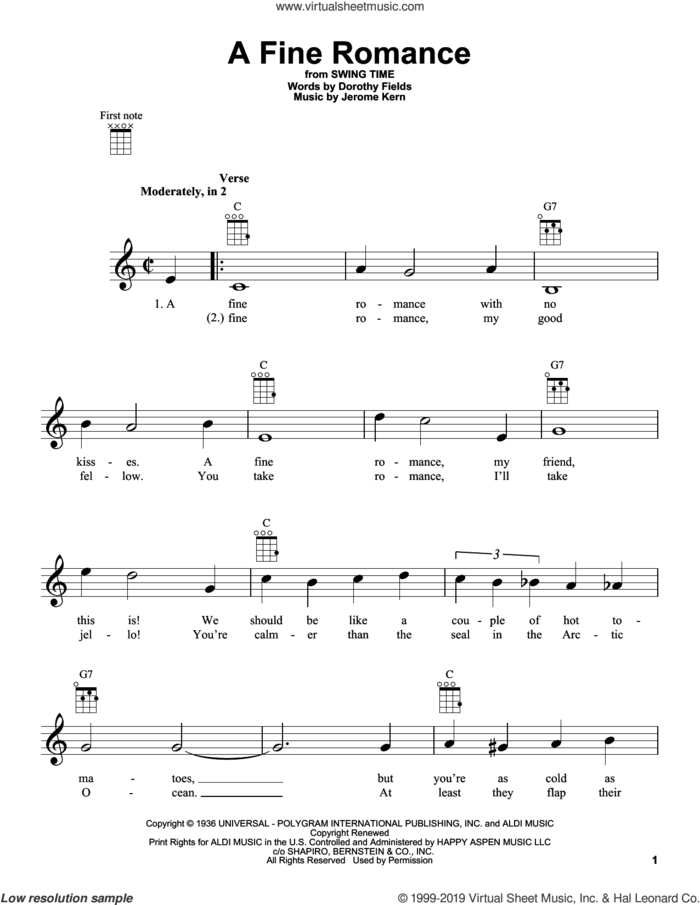 A Fine Romance sheet music for ukulele by Jerome Kern and Dorothy Fields, intermediate skill level