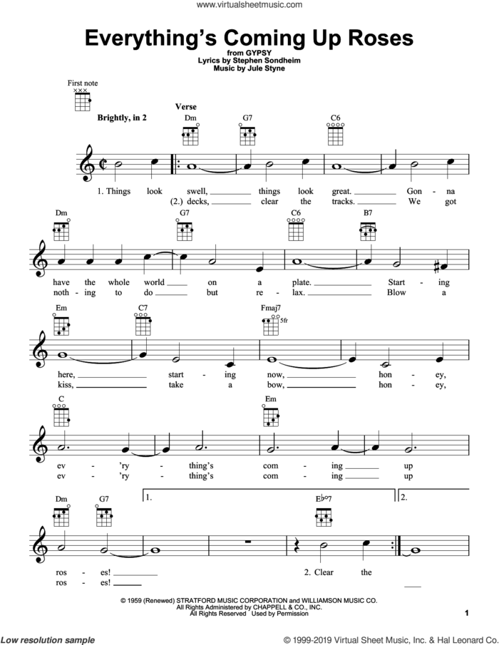 Everything's Coming Up Roses sheet music for ukulele by Stephen Sondheim and Jule Styne, intermediate skill level