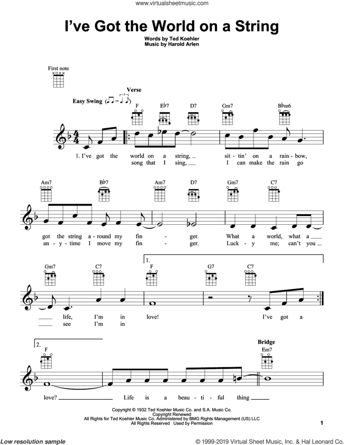 I've Got The World On A String sheet music for ukulele by Dick Hyman, Harold Arlen and Ted Koehler, intermediate skill level