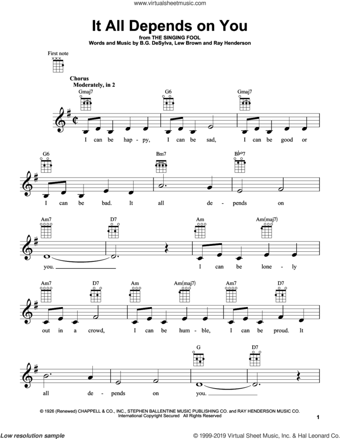It All Depends On You sheet music for ukulele by Buddy DeSylva, Lew Brown and Ray Henderson, intermediate skill level