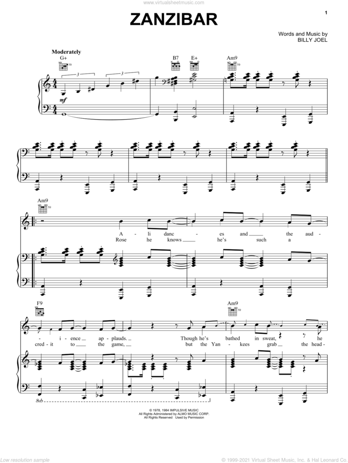 Zanzibar sheet music for voice, piano or guitar by Billy Joel, intermediate skill level