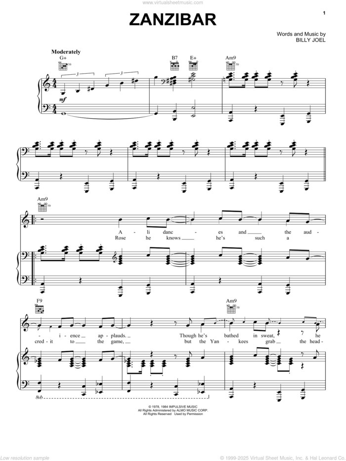 Zanzibar sheet music for voice, piano or guitar by Billy Joel, intermediate skill level