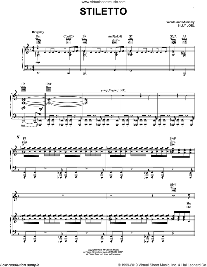 Stiletto sheet music for voice, piano or guitar by Billy Joel, intermediate skill level