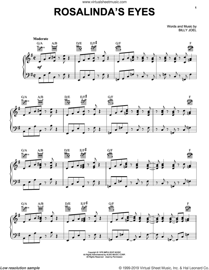 Rosalinda's Eyes sheet music for voice, piano or guitar by Billy Joel, intermediate skill level
