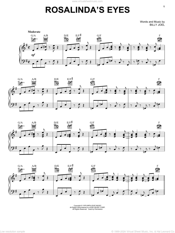 Rosalinda's Eyes sheet music for voice, piano or guitar by Billy Joel, intermediate skill level