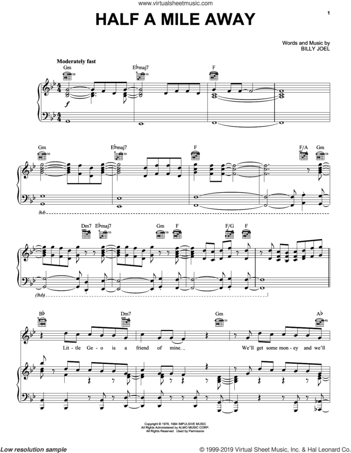 Half A Mile Away sheet music for voice, piano or guitar by Billy Joel, intermediate skill level