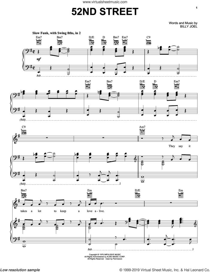 52nd Street sheet music for voice, piano or guitar by Billy Joel, intermediate skill level