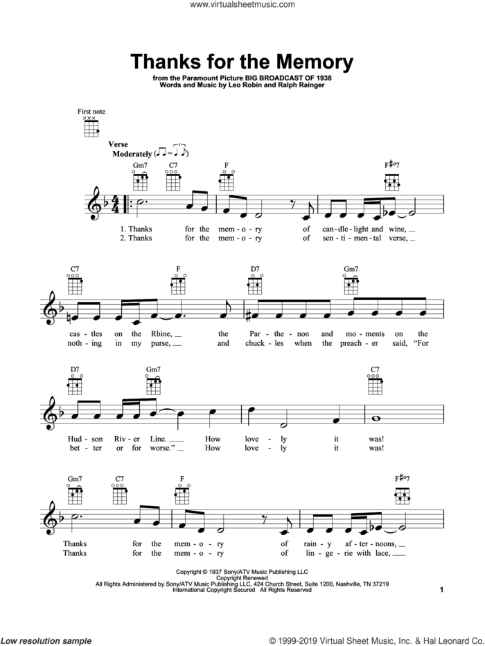 Thanks For The Memory sheet music for ukulele by Leo Robin, Dave McKenna, Mildred Bailey, Shep Fields and Ralph Rainger, intermediate skill level